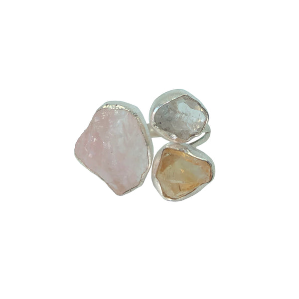 Triple Grande Rose Quartz, Herkimer and Citrine 925 Silver