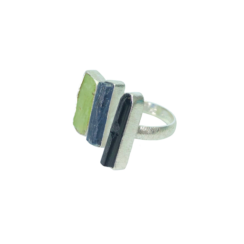 Triple Green and Blue Kyanite and Black Tourmaline 925 Silver